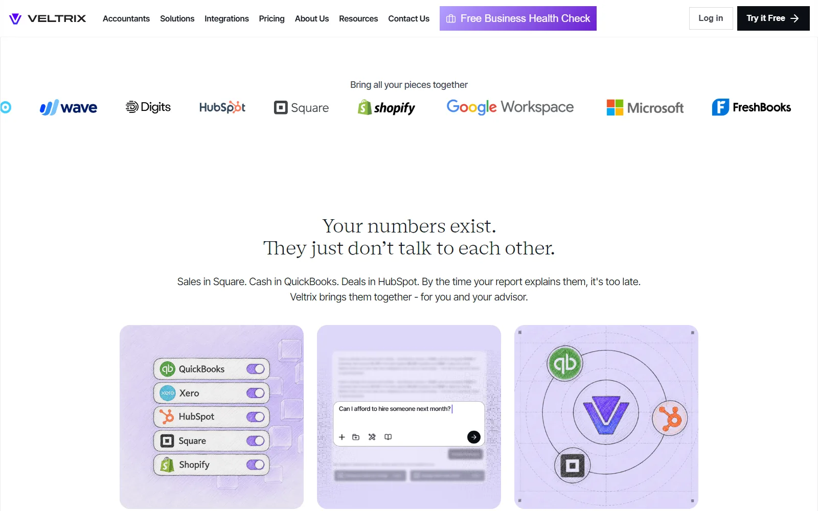 Veltrix homepage, further down the page