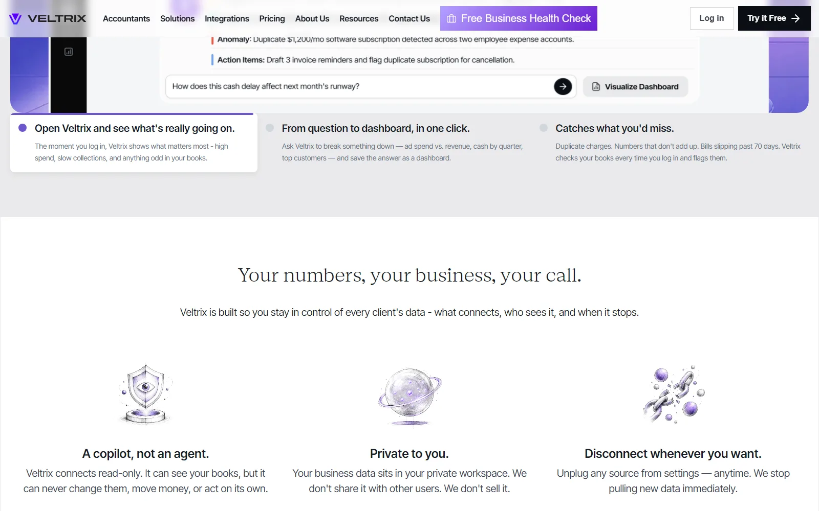 Veltrix homepage, further down the page