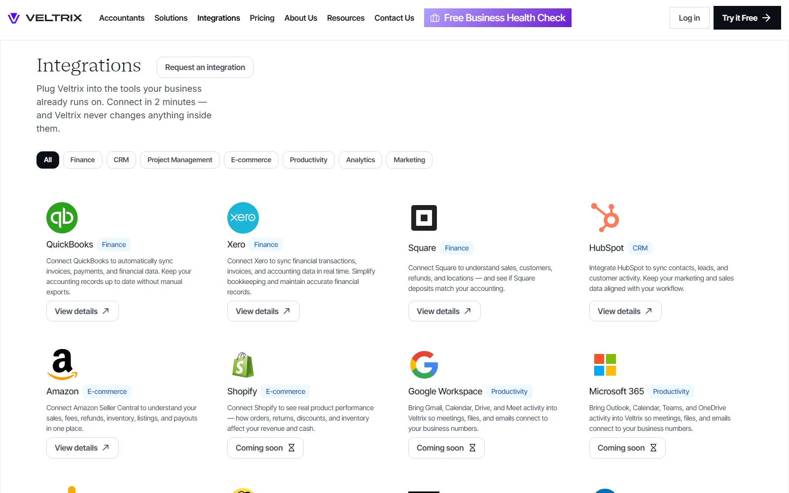 Veltrix integrations page