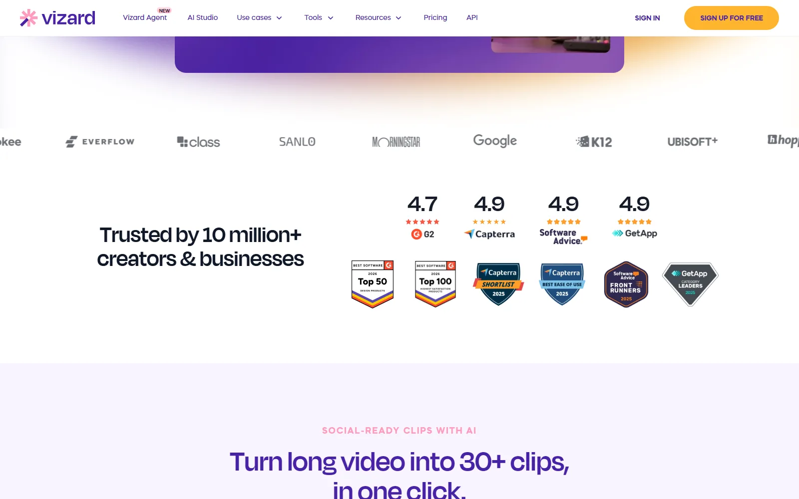 Vizard homepage, further down the page