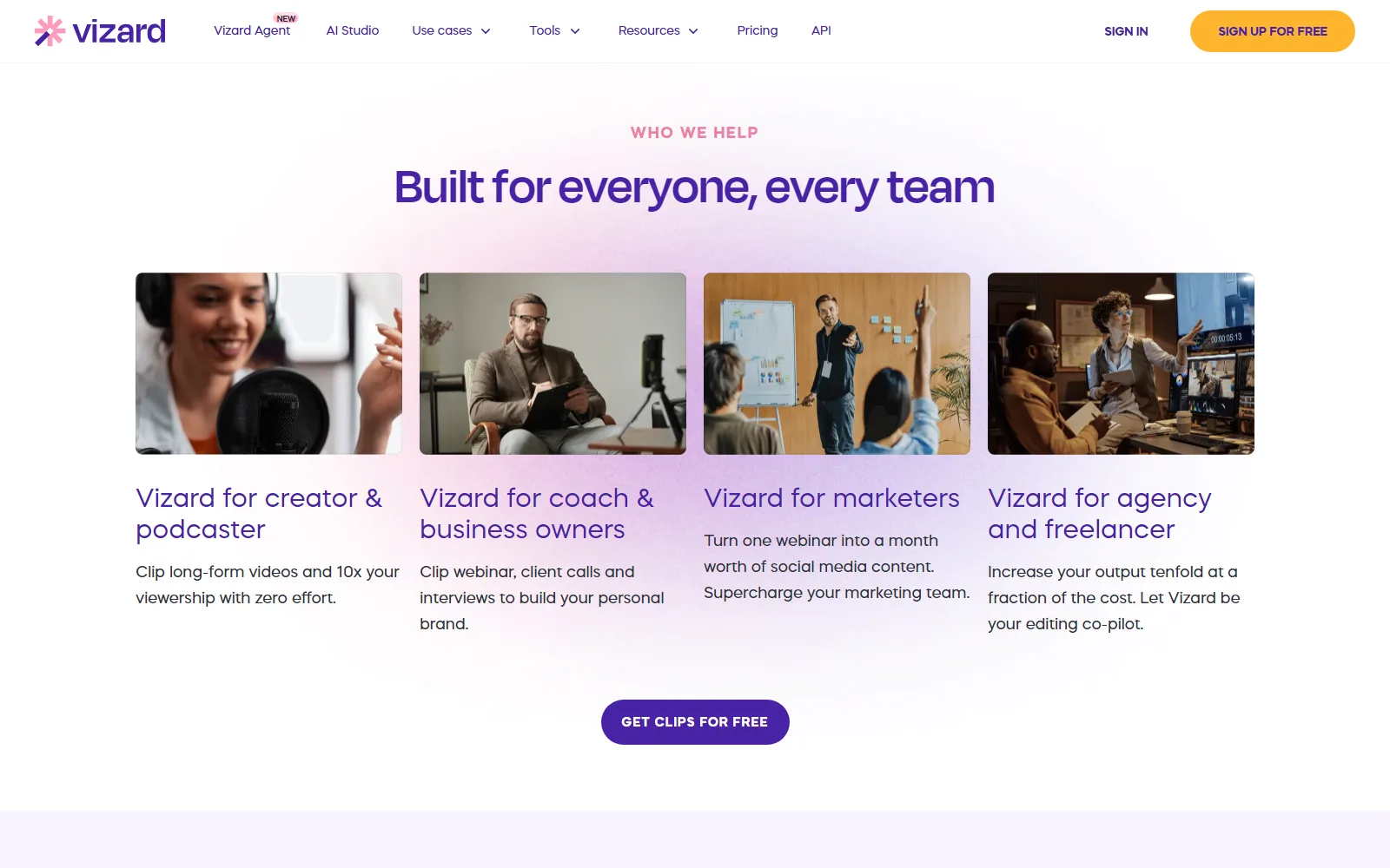 Vizard homepage, further down the page