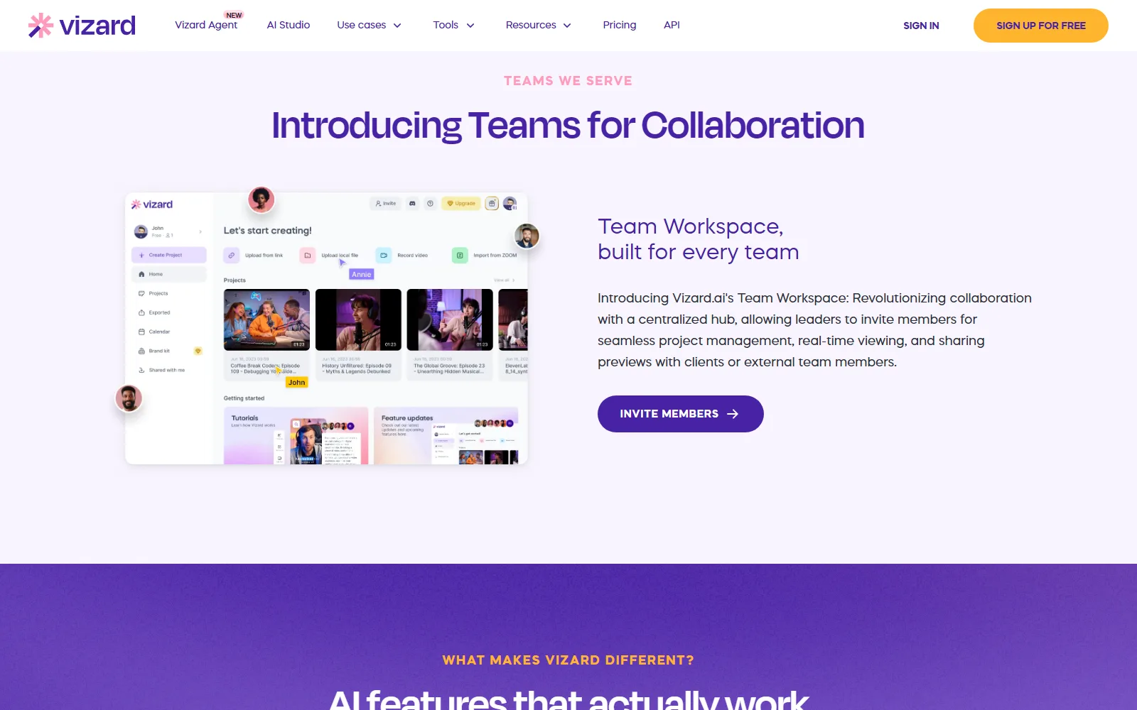 Vizard homepage, further down the page