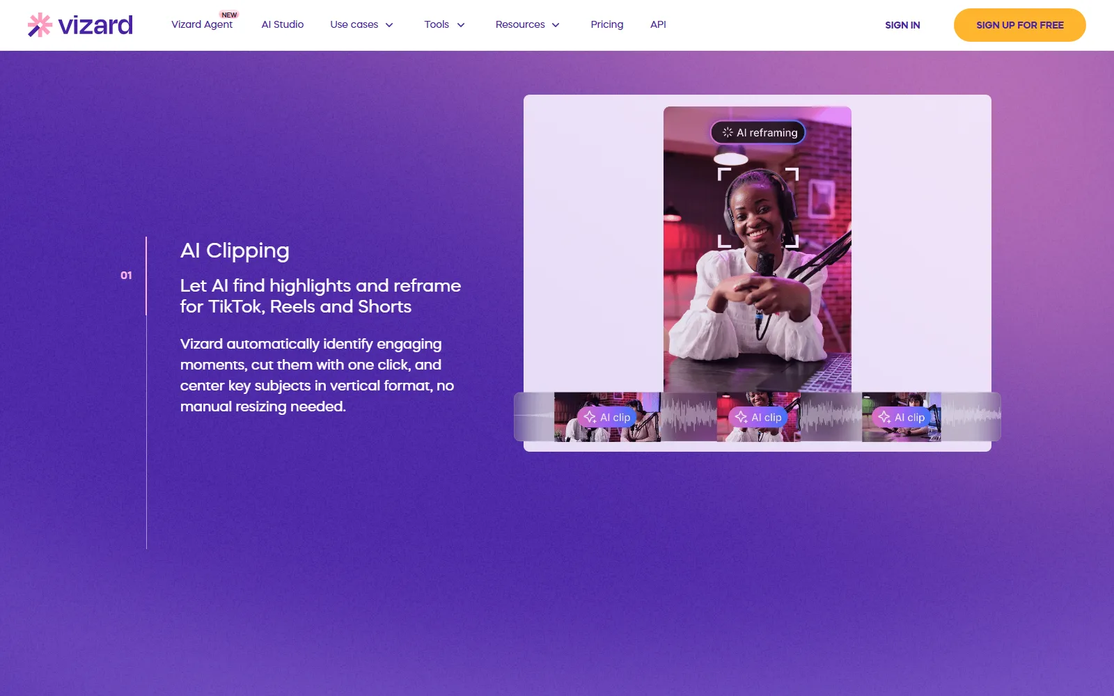 Vizard homepage, further down the page