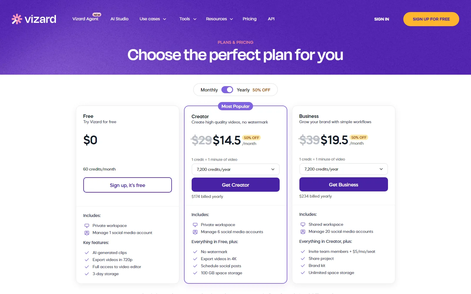 Vizard pricing page