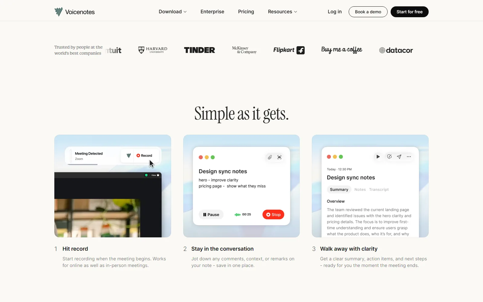 Voicenotes homepage, further down the page