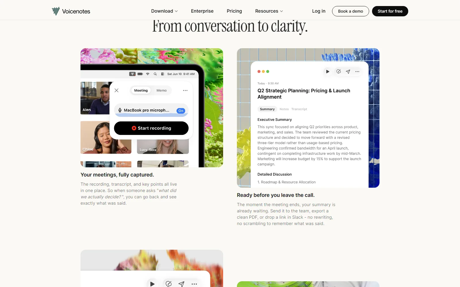 Voicenotes homepage, further down the page