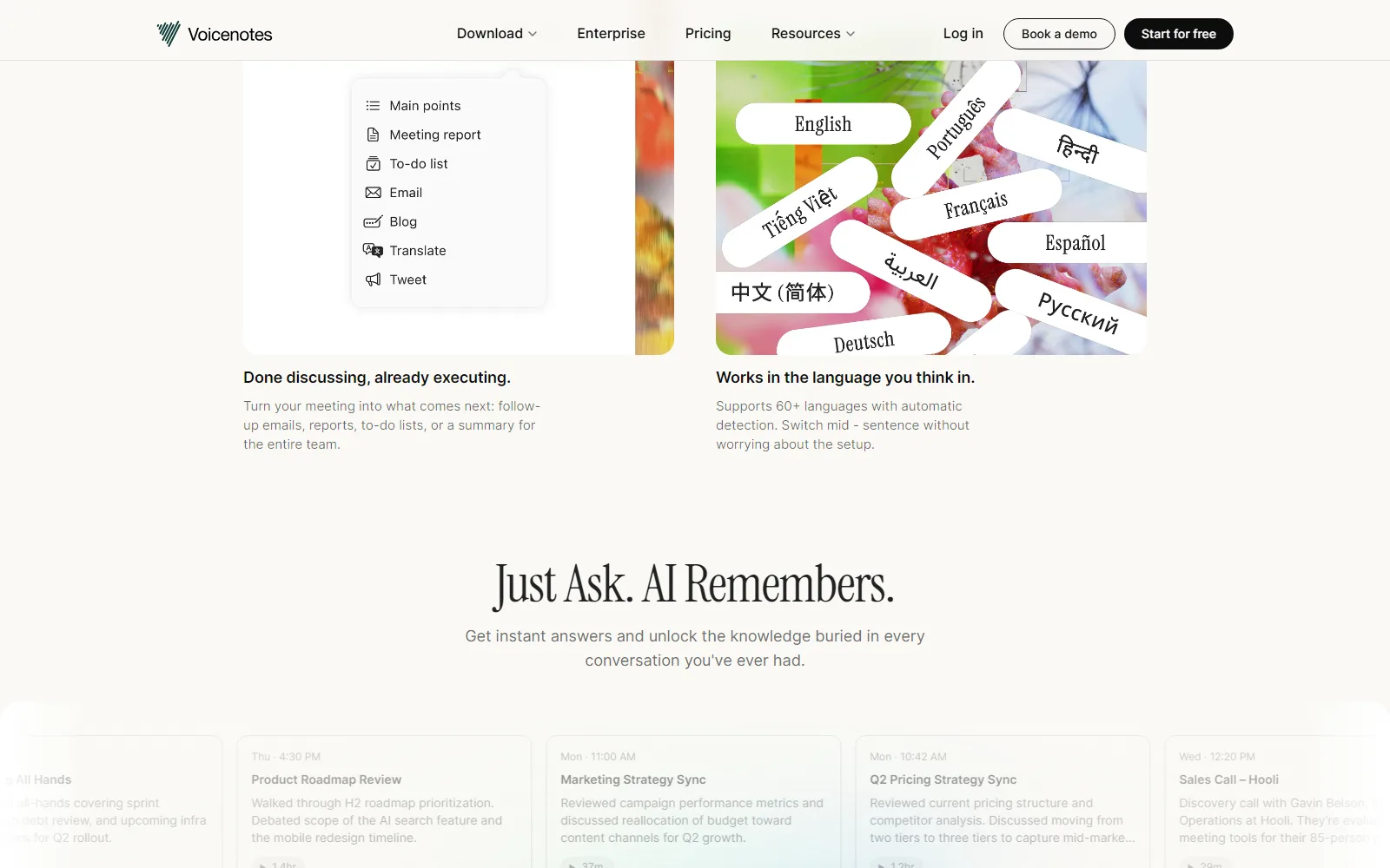 Voicenotes homepage, further down the page