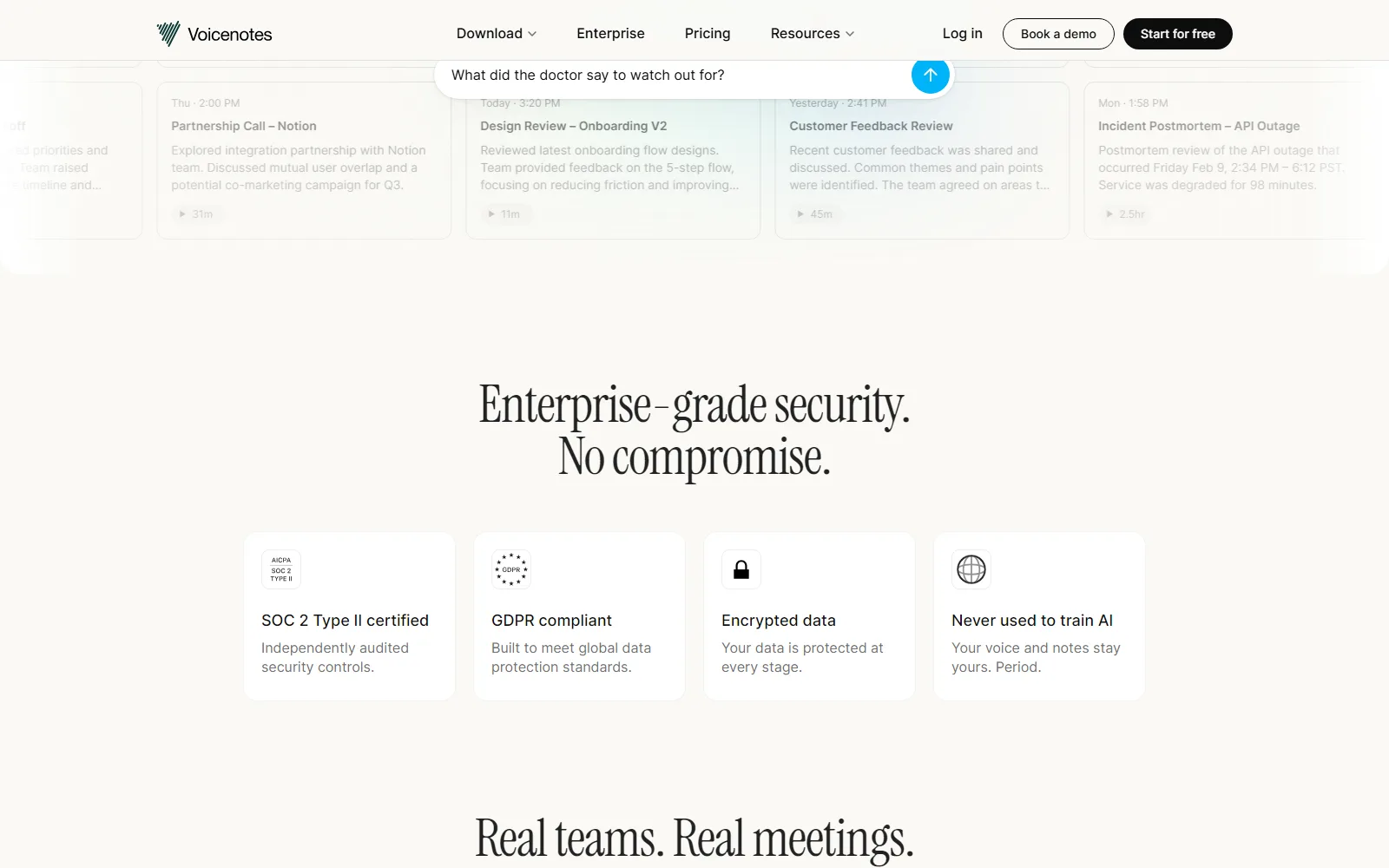 Voicenotes homepage, further down the page