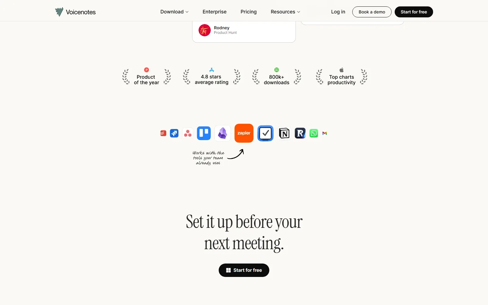 Voicenotes homepage, further down the page
