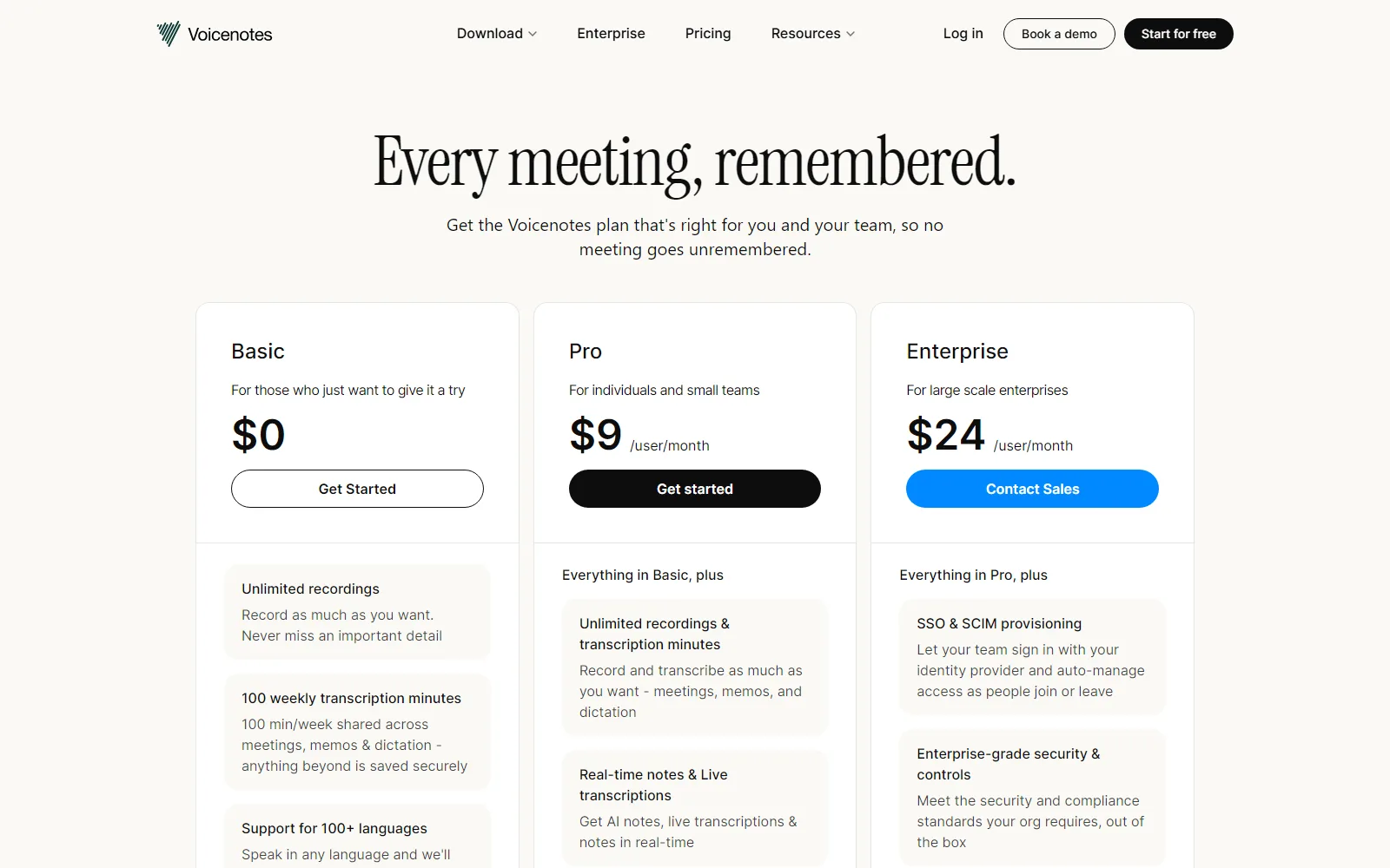 Voicenotes pricing page