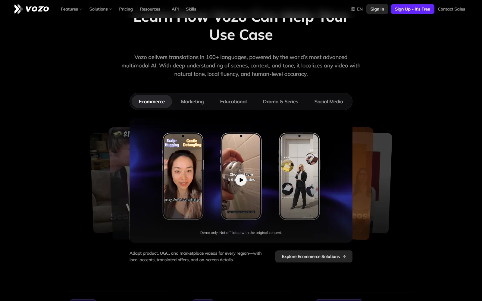 Vozo AI homepage, further down the page