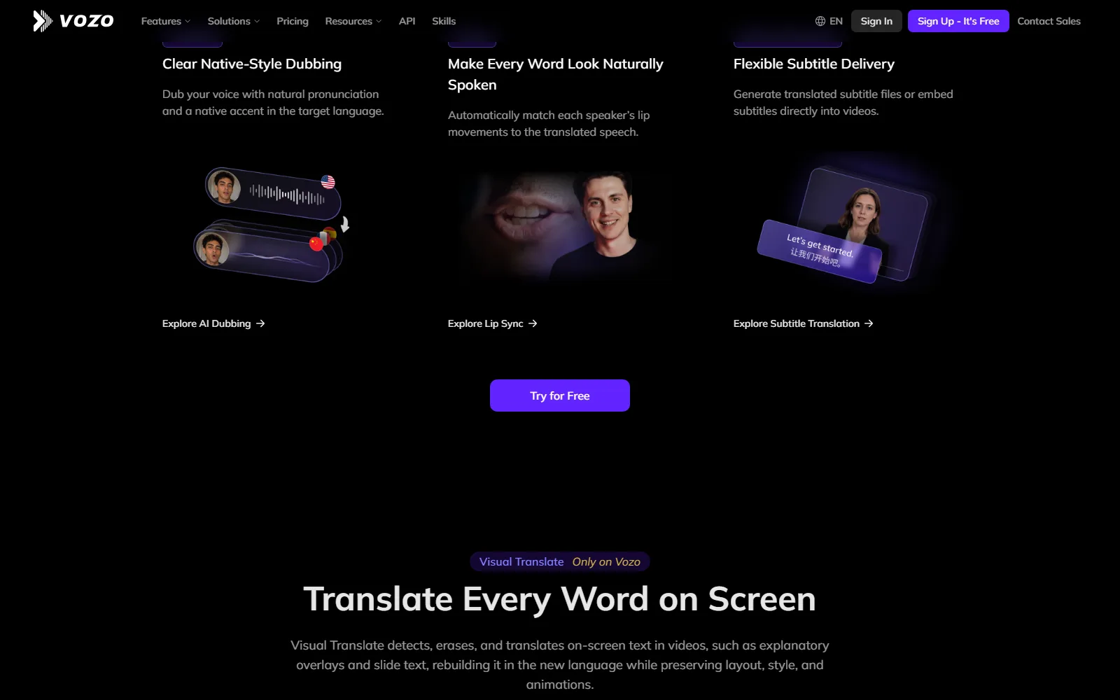 Vozo AI homepage, further down the page