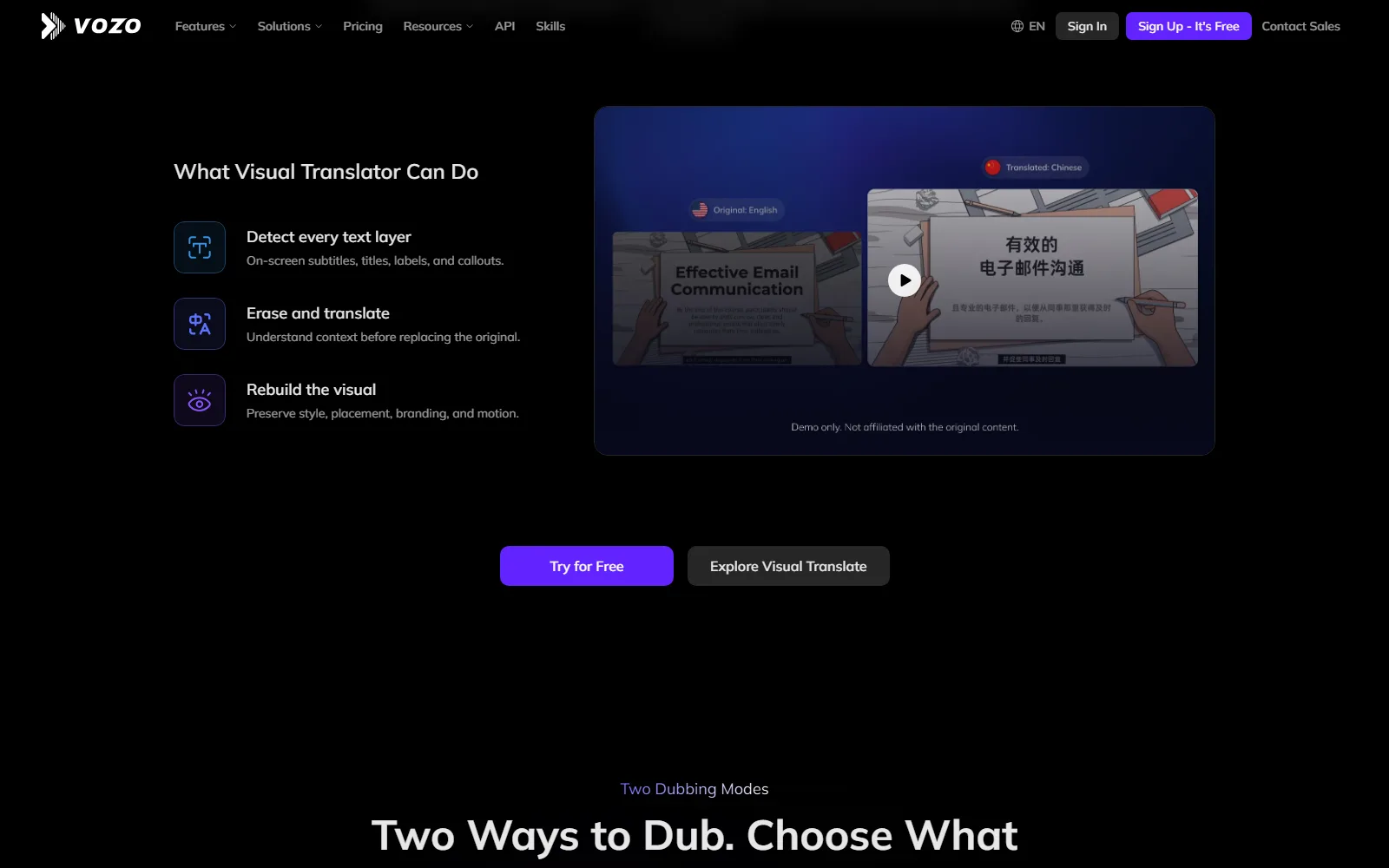 Vozo AI homepage, further down the page