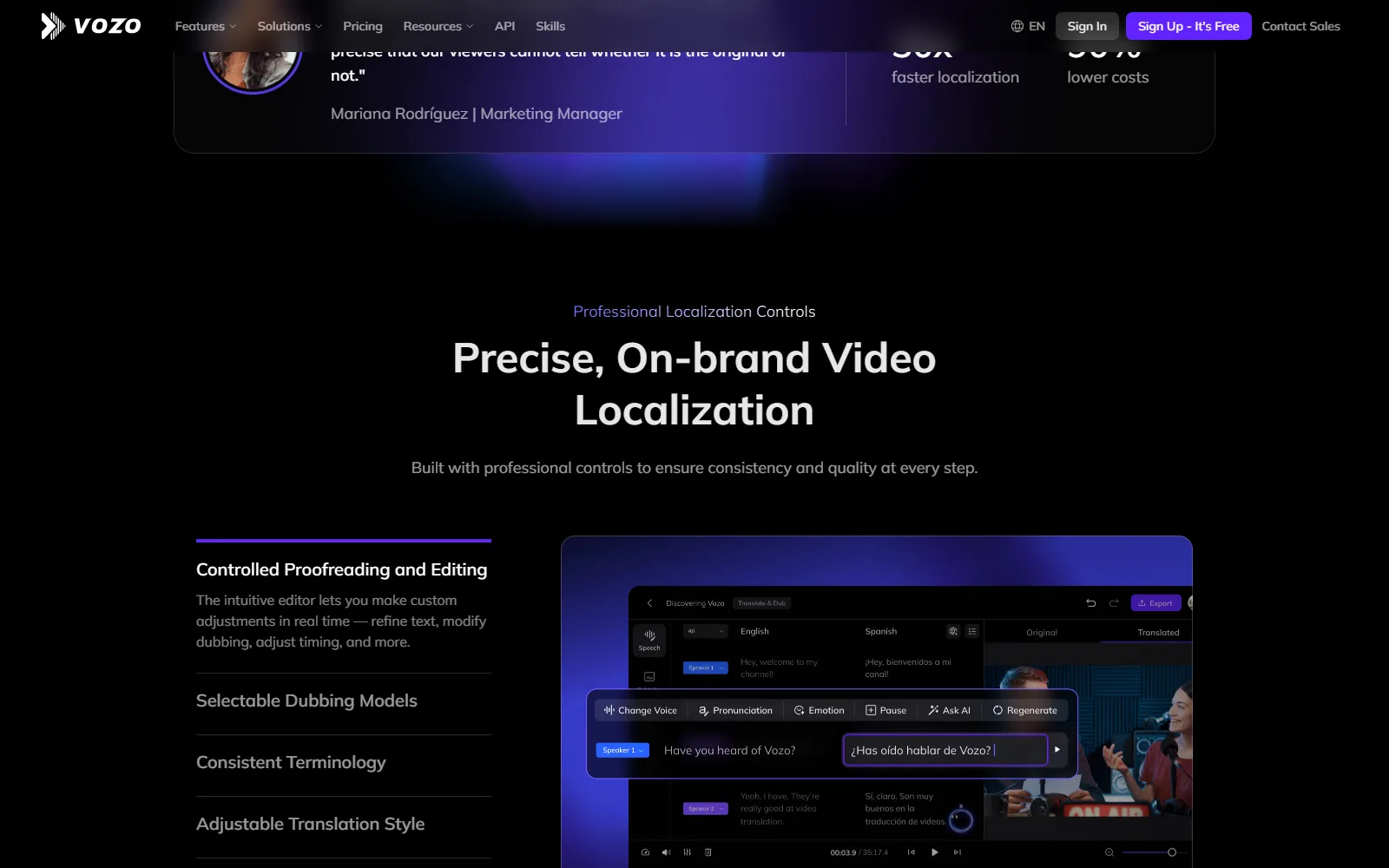Vozo AI homepage, further down the page