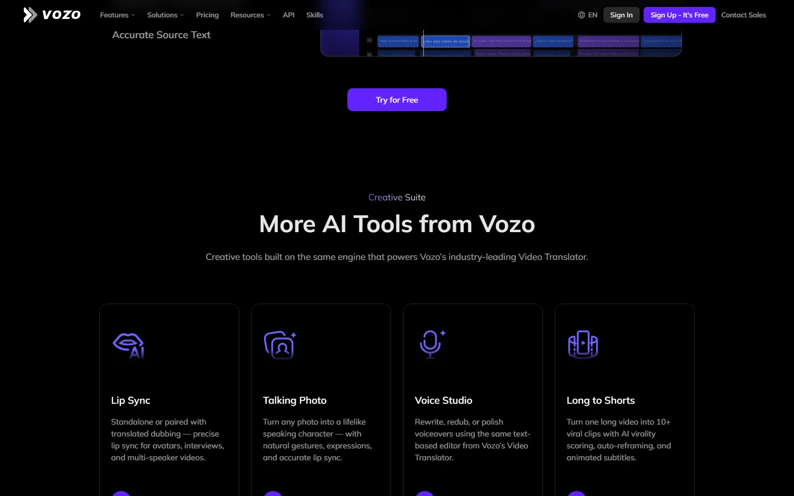 Vozo AI homepage, further down the page