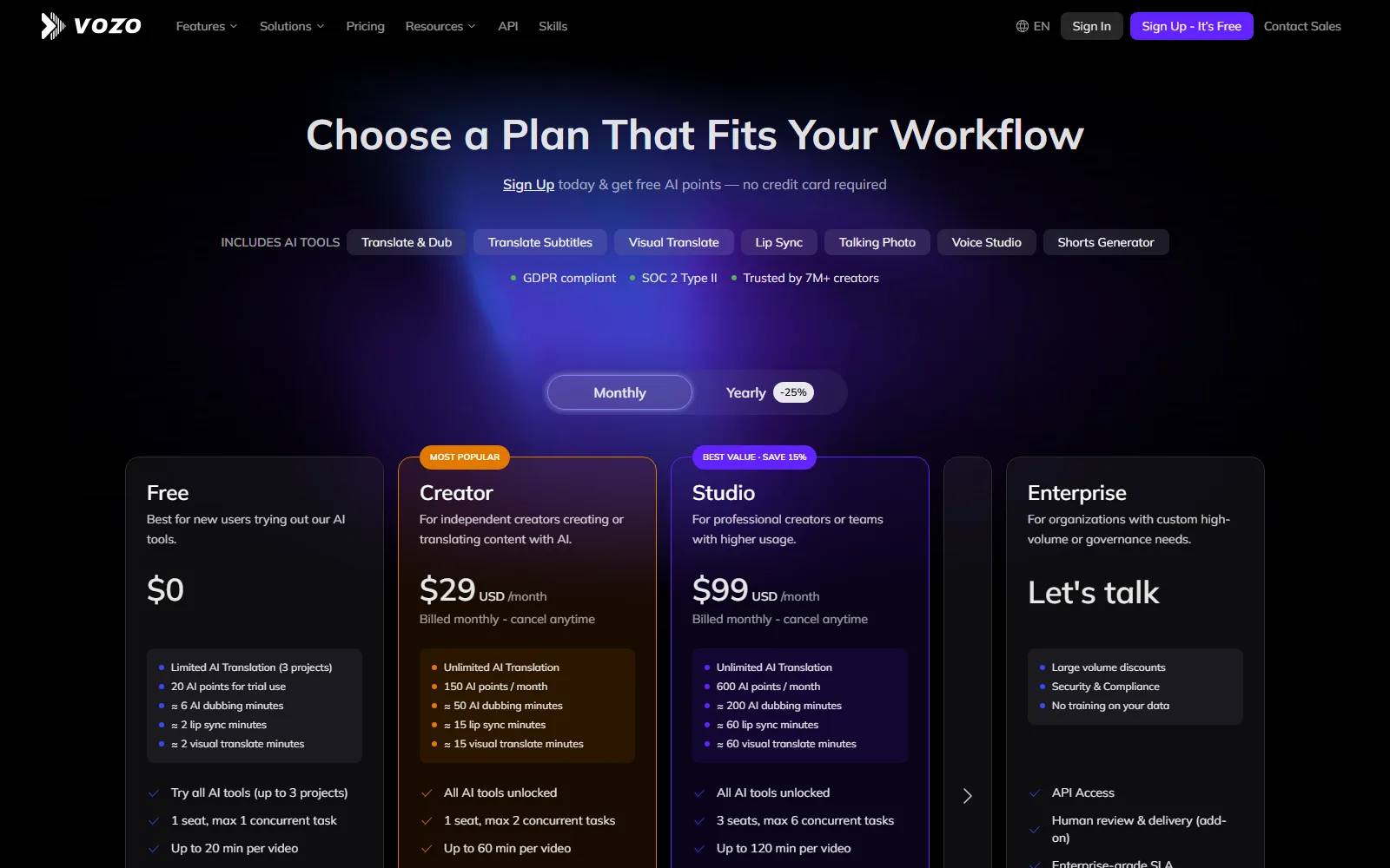 Vozo AI pricing page