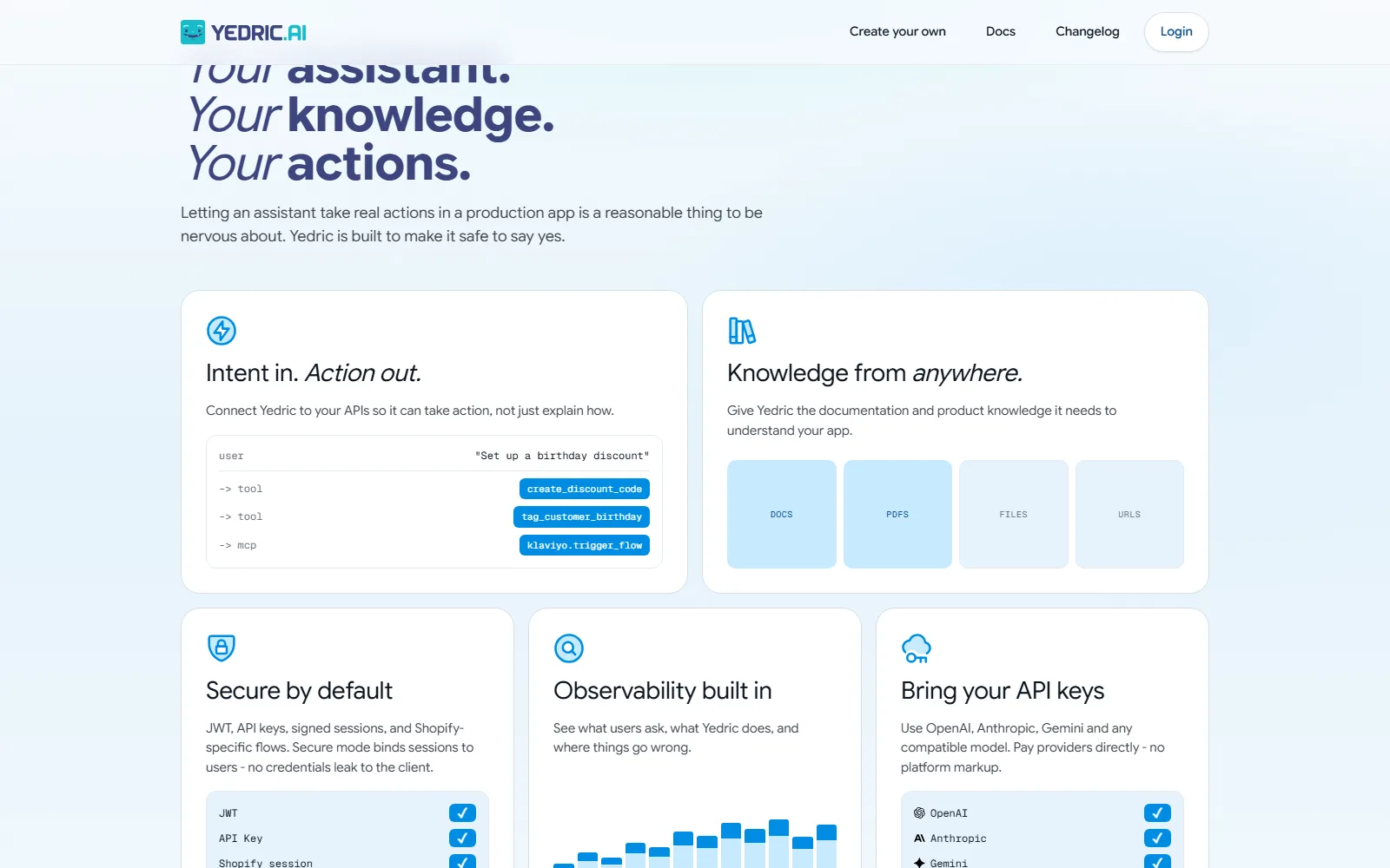 Yedric.ai homepage, further down the page
