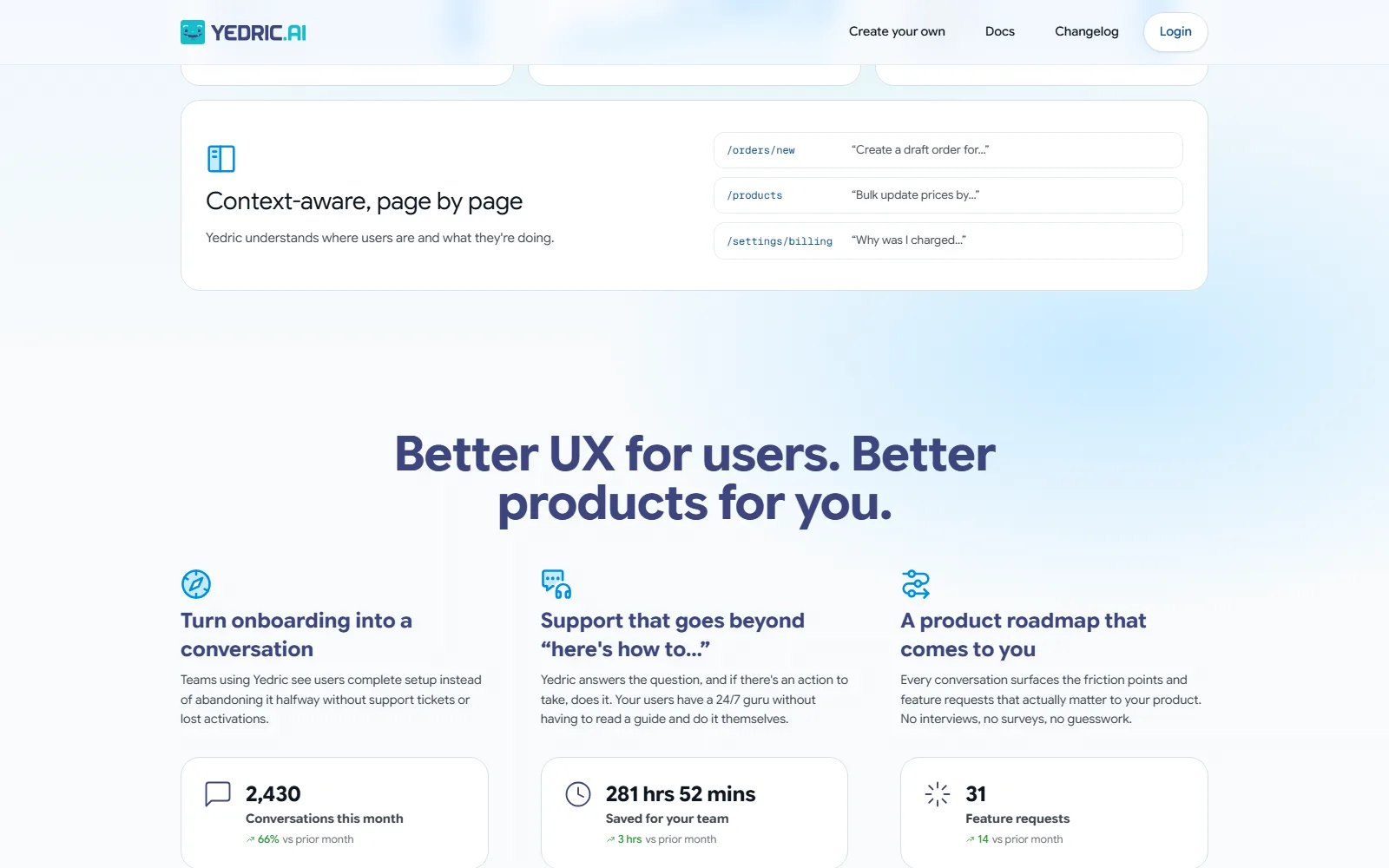 Yedric.ai homepage, further down the page
