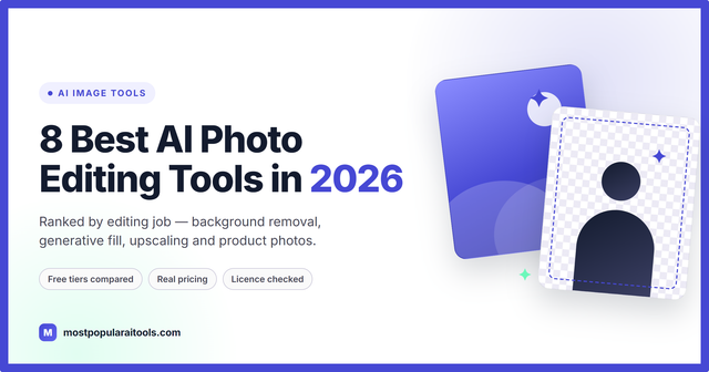 Guide cover for the 8 best AI photo editing tools in 2026, showing a photo with its background removed onto a transparency grid